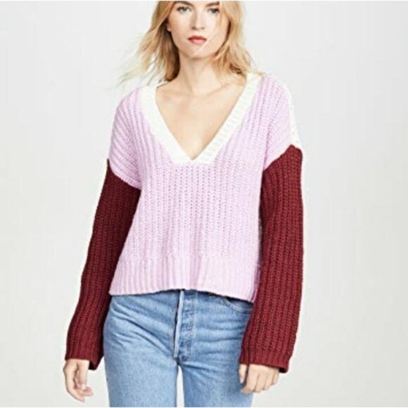 Wildfox NWT Womens chunky Knit Colorblock Sweater Pink & Burgundy size M fall - Picture 7 of 11